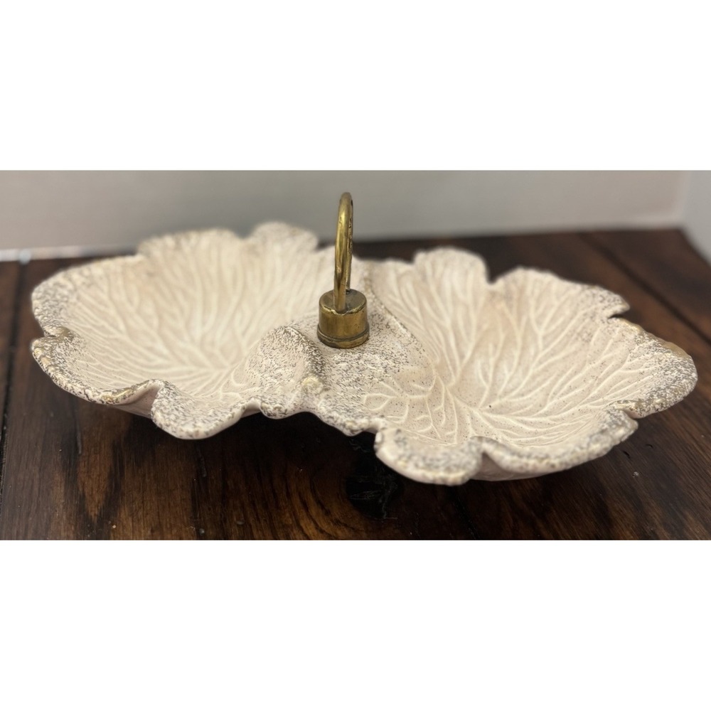 Vintage USA Pottery Cabbage Leaf Divided Dish w‎ Handle Gold Trim MCM